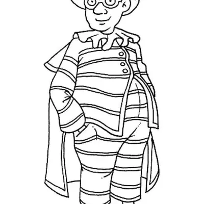 Desenho de contorno de um homem fantasiado de Pierrot, vestindo conjunto listrado, gola bufante, capa, chapéu e óculos redondos, com as mãos nos bolsos.