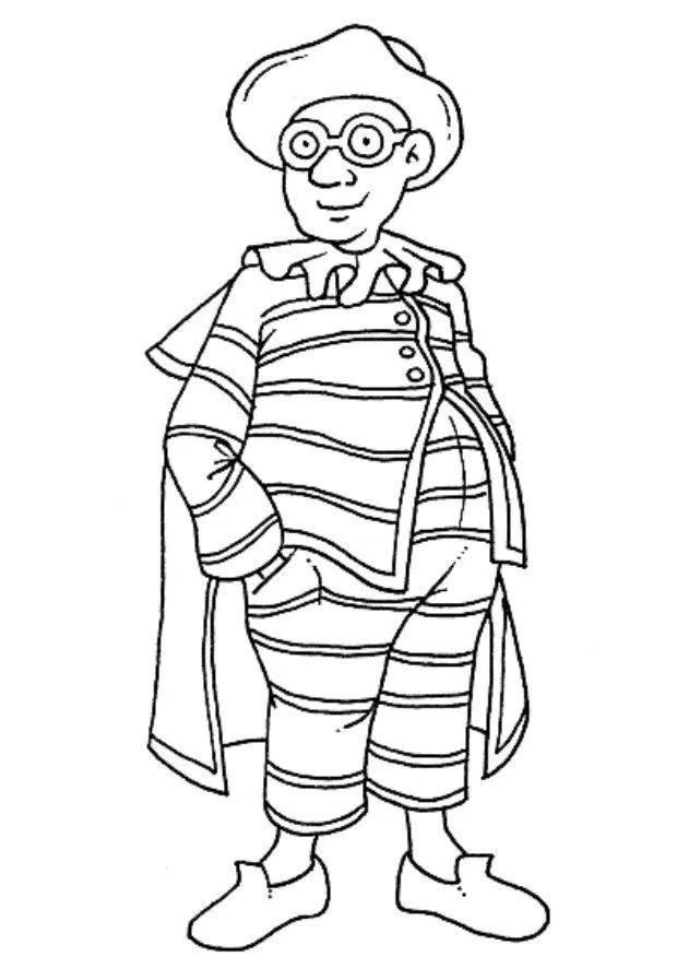 Desenho de contorno de um homem fantasiado de Pierrot, vestindo conjunto listrado, gola bufante, capa, chapéu e óculos redondos, com as mãos nos bolsos.