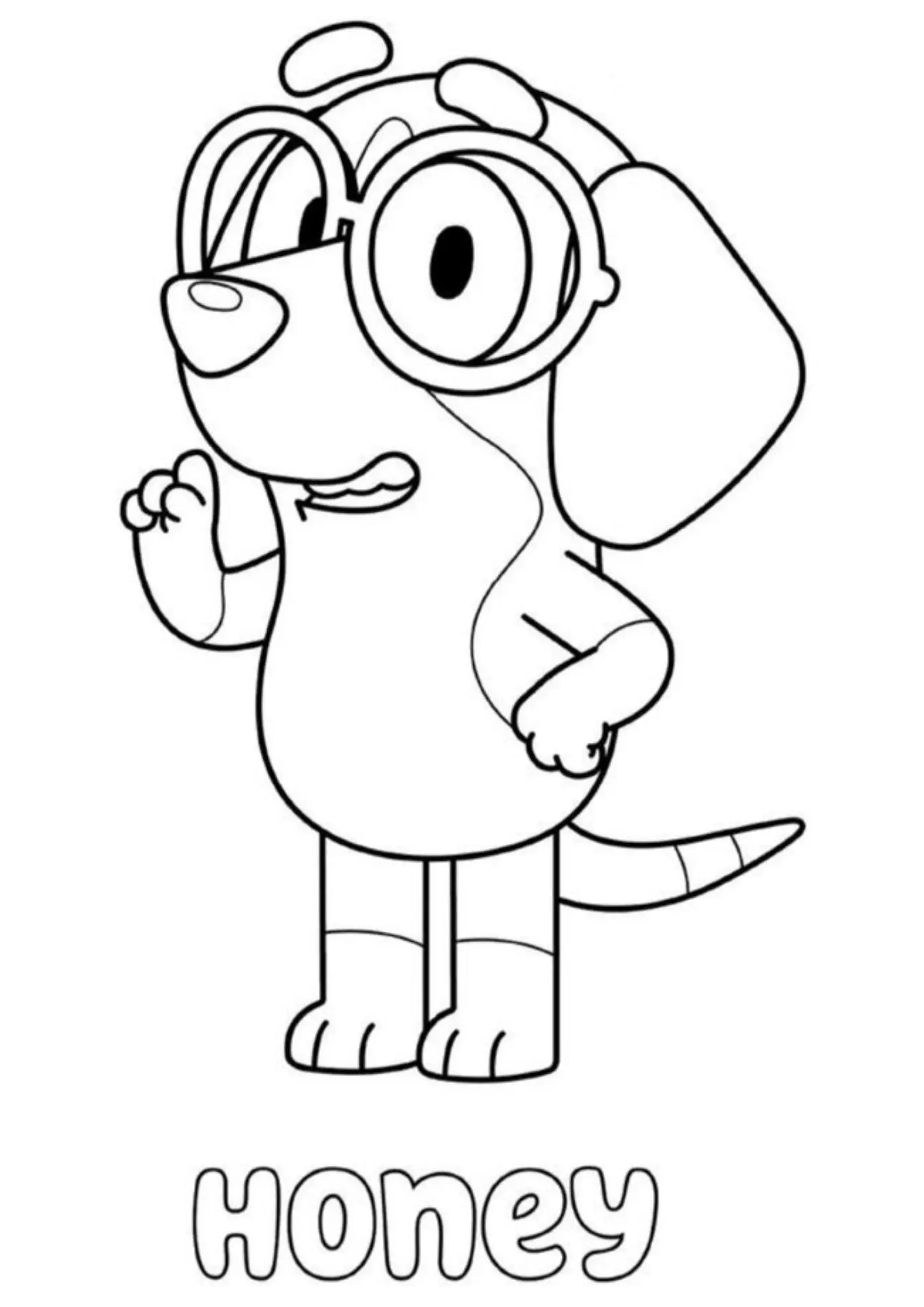 Desenho de contorno da personagem Honey, uma beagle que usa óculos redondos grandes, com o nome "honey" escrito abaixo.