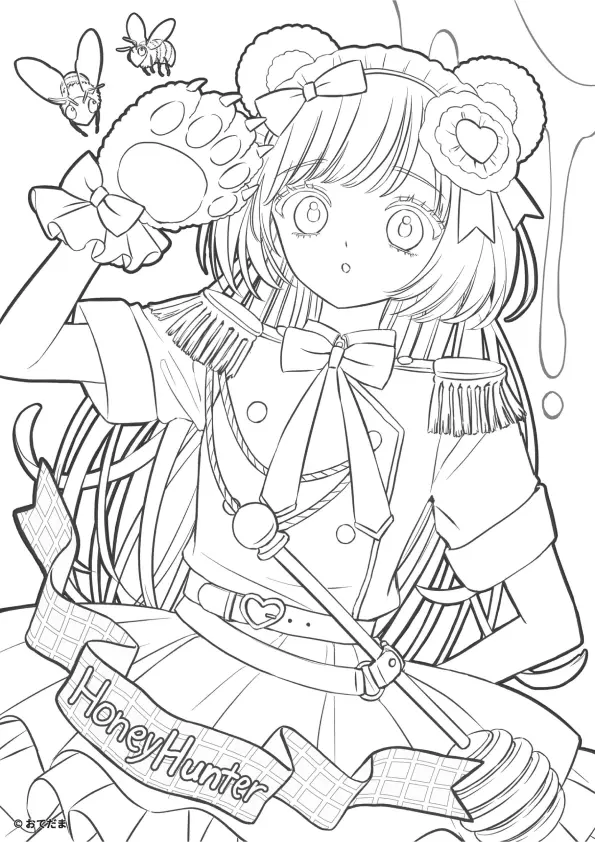Desenho de contorno em preto e branco de uma menina anime (Honey Hunter) usando uma pata de urso gigante, uniforme militar de gala e faixa escrita Honey Hunter.