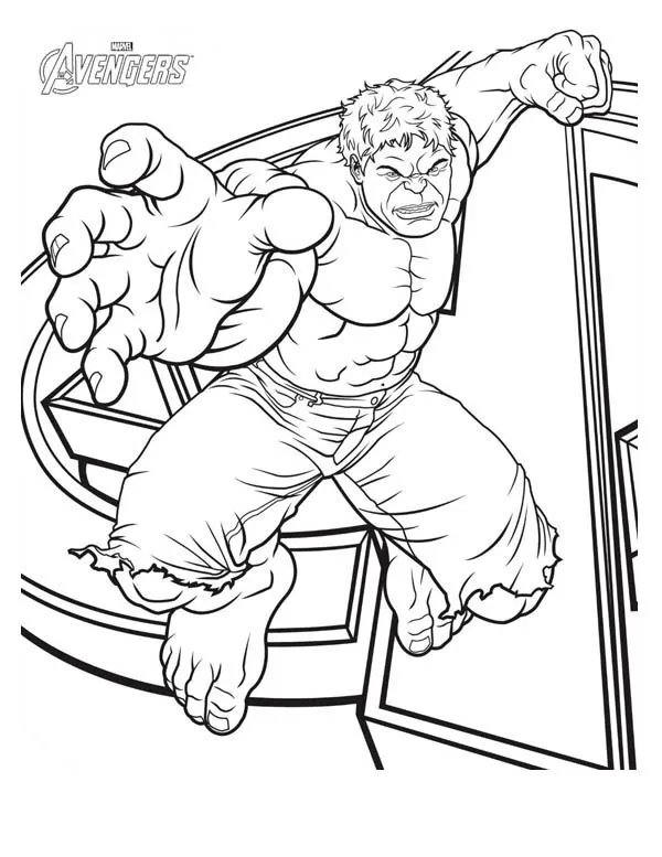 Desenho de contorno em preto e branco do Hulk avançando com uma expressão brava, mão direita estendida à frente e logotipo dos Vingadores ao fundo.