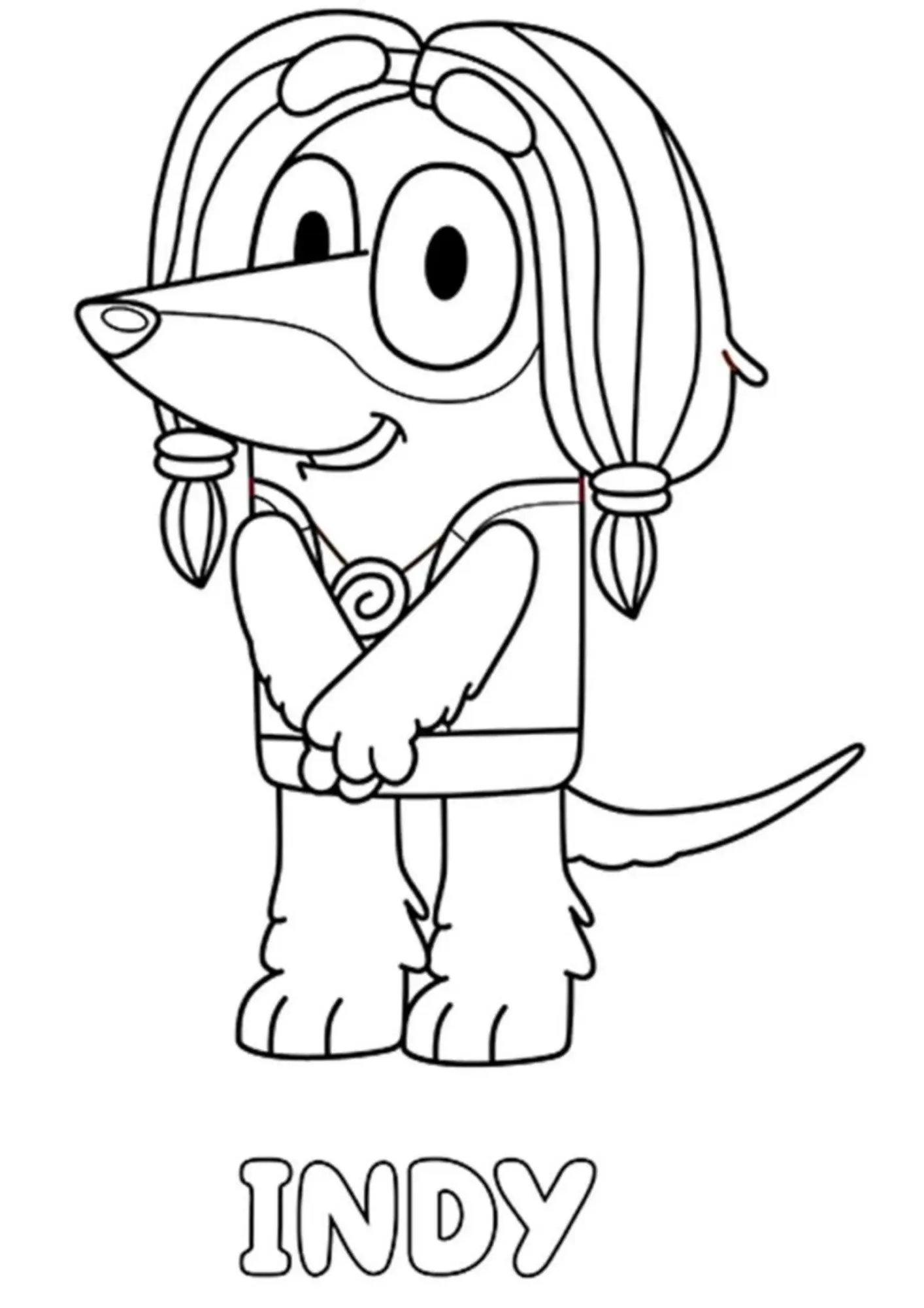 Desenho de contorno da personagem Indy da série Bluey, uma Galgo Afegão com cabelos longos presos em tranças e o nome "INDY" abaixo.