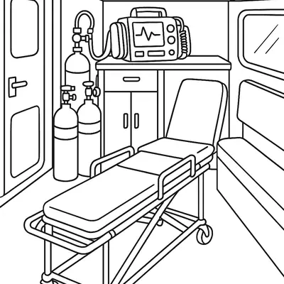 Desenho de contorno do interior de uma ambulância, mostrando uma maca de emergência com rodas no centro, tanques de oxigênio cilíndricos ao lado, e um monitor cardíacodesfibrilador sobre um armário, com armários superiores e um banco ao fundo.