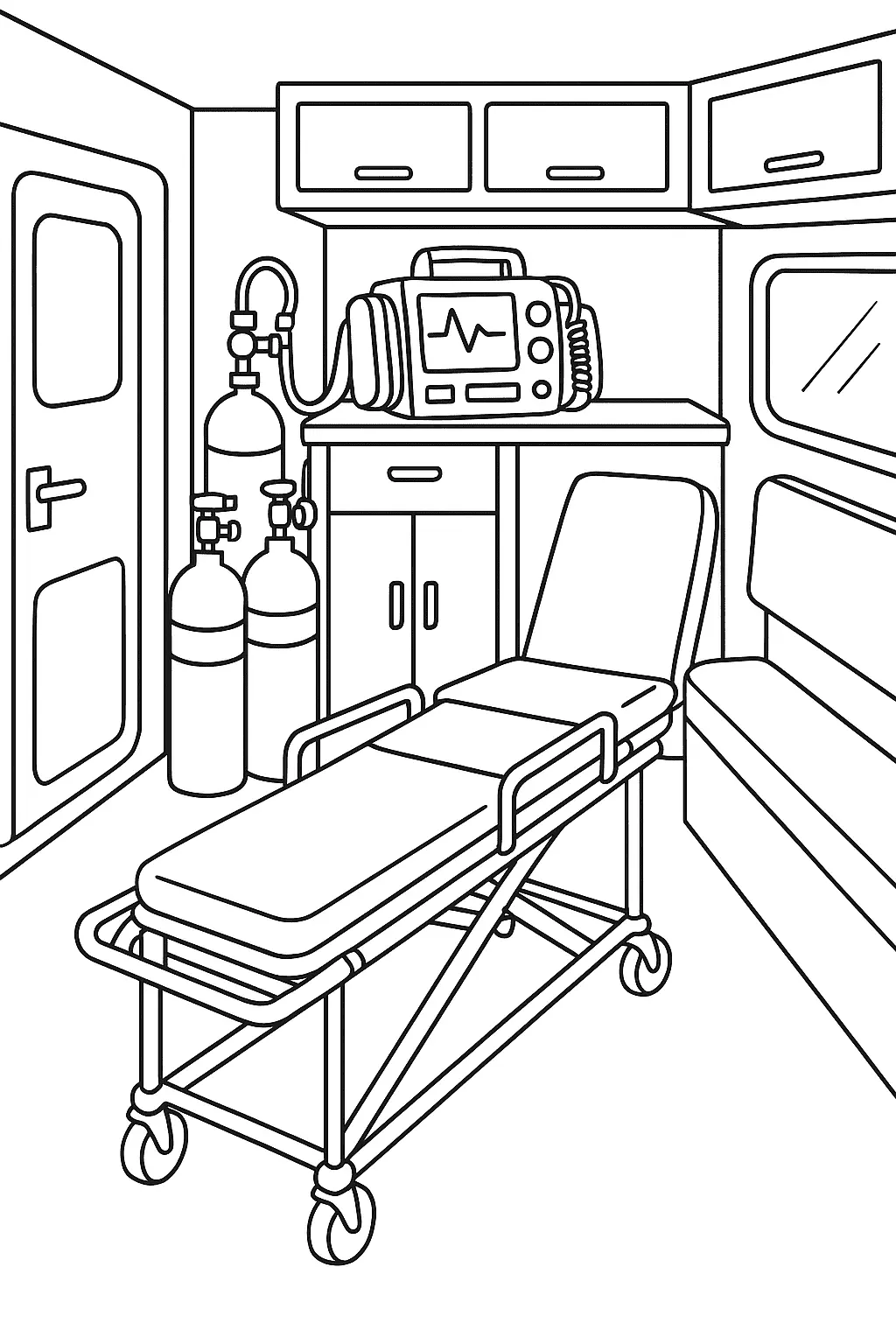 Desenho de contorno do interior de uma ambulância, mostrando uma maca de emergência com rodas no centro, tanques de oxigênio cilíndricos ao lado, e um monitor cardíacodesfibrilador sobre um armário, com armários superiores e um banco ao fundo.
