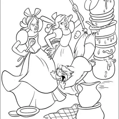 Desenho de contorno das duas irmãs da Cinderela gritando e segurando uma vassoura e uma colher, enquanto o gato Lúcifer pula perto de uma pilha de panelas.