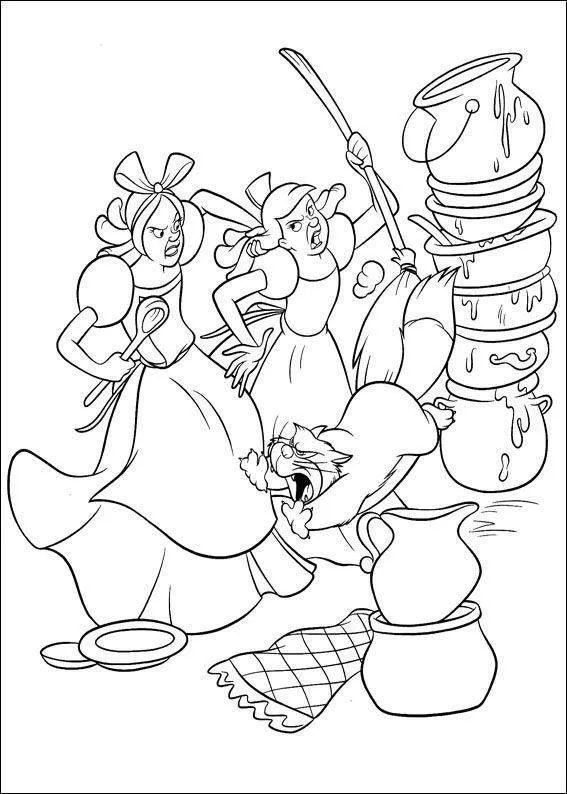 Desenho de contorno das duas irmãs da Cinderela gritando e segurando uma vassoura e uma colher, enquanto o gato Lúcifer pula perto de uma pilha de panelas.