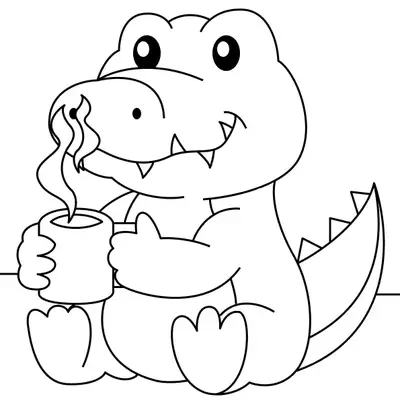 Desenho infantil para colorir de um jacaré bebê, sentado com uma barriga redonda, segurando uma caneca com fumaça subindo, e com um sorriso e picos triangulares na cauda.