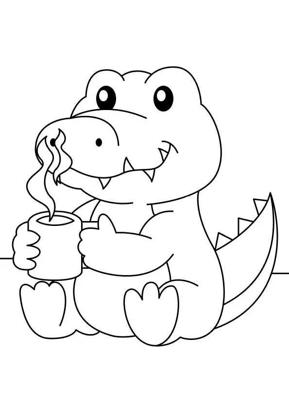 Desenho infantil para colorir de um jacaré bebê, sentado com uma barriga redonda, segurando uma caneca com fumaça subindo, e com um sorriso e picos triangulares na cauda.