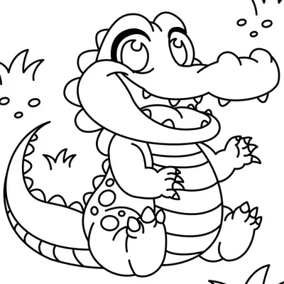 Desenho de Jacaré Bebê Sorridente Sentado no Mato