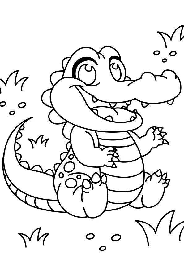 Desenho de contorno em estilo cartoon de um jacaré bebê sentado no chão, com a barriga listrada, patas grandes e um sorriso simpático, cercado por tufos de grama.
