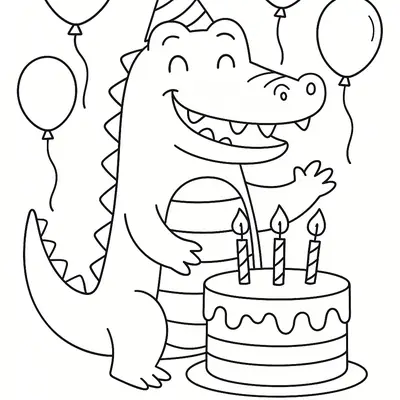 Desenho de Jacaré em Festa de Aniversário com Chapéu e Bolo