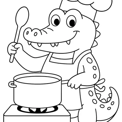 Desenho de Jacaré Chef com Chapéu de Cozinheiro e Panela