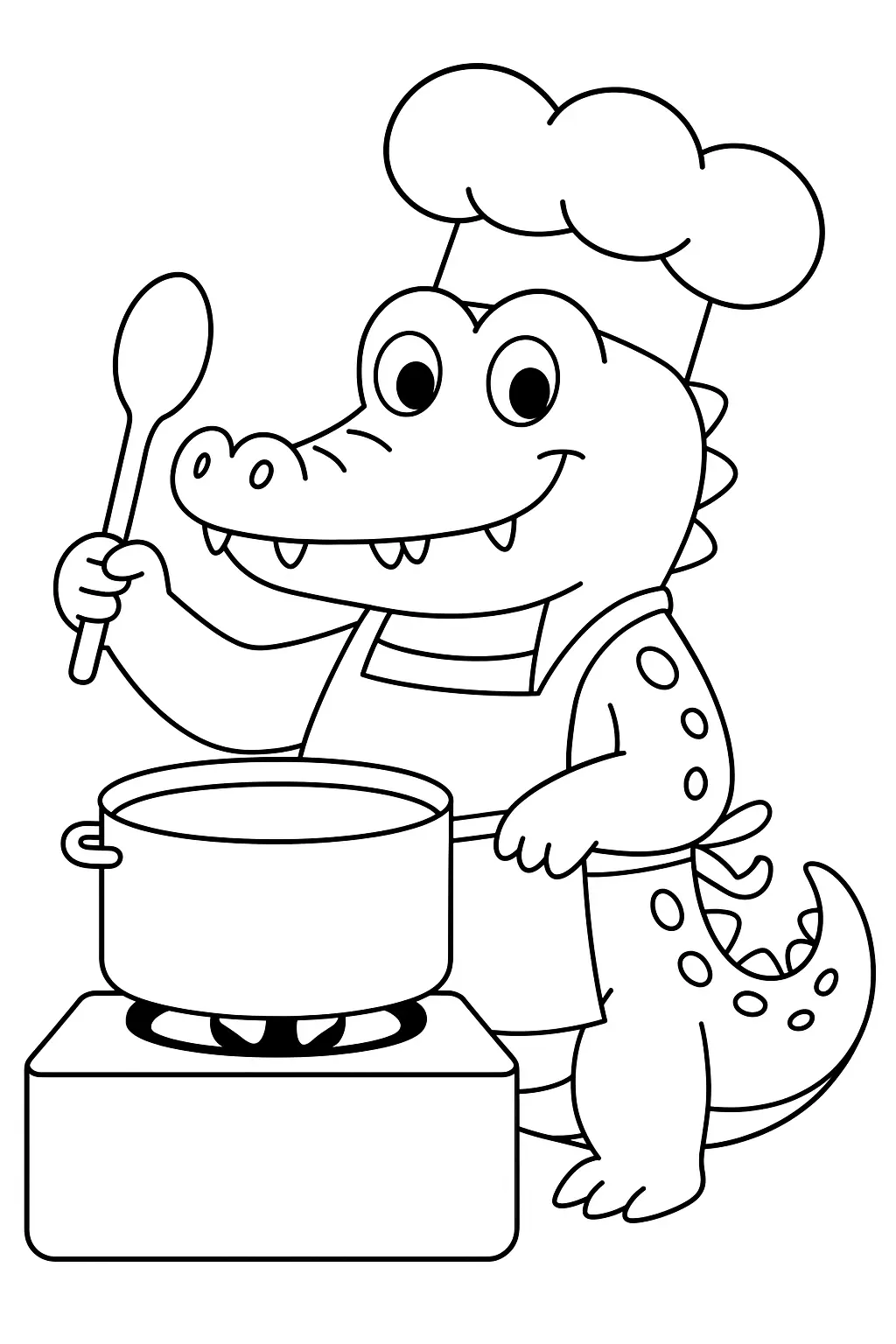 Desenho de contorno em estilo cartoon de um jacaré (crocodilo) sorridente, vestido como chef, usando um chapéu e avental. Ele está segurando uma colher de pau sobre uma panela que está no fogão.