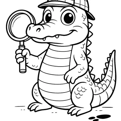 Desenho de contorno de um jacaré (crocodilo) em estilo cartoon, em pé, sorrindo e vestido como detetive. Ele usa um chapéu xadrez (estilo deerstalker) e segura uma lupa, olhando para uma série de pegadas no chão.