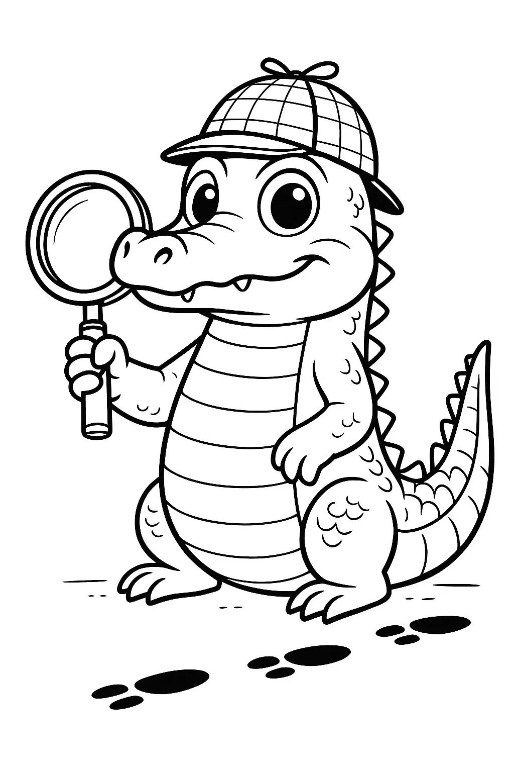 Desenho de contorno de um jacaré (crocodilo) em estilo cartoon, em pé, sorrindo e vestido como detetive. Ele usa um chapéu xadrez (estilo deerstalker) e segura uma lupa, olhando para uma série de pegadas no chão.