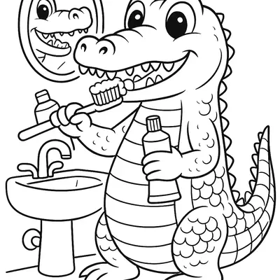 Desenho de Jacaré Feliz Escovando os Dentes com Pasta