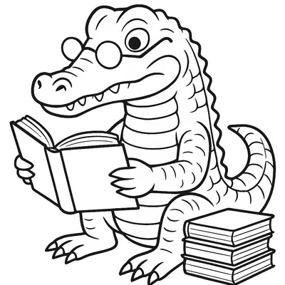 Desenho de Jacaré com Óculos Lendo um Livro e Pilha de Livros