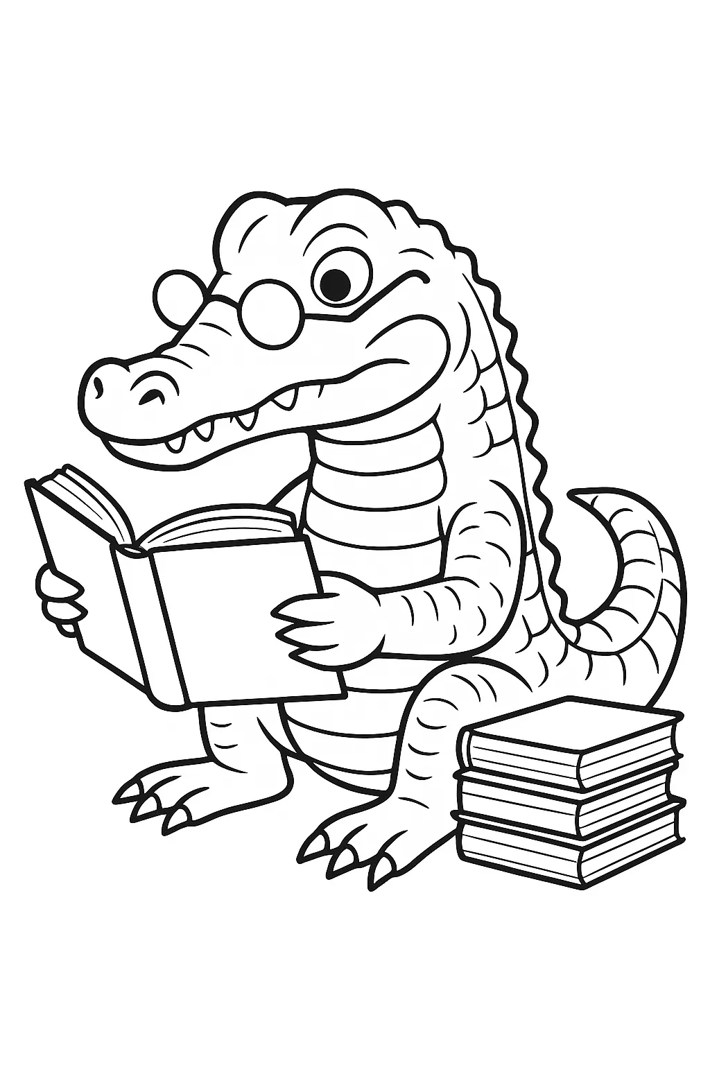 Desenho de contorno em estilo cartoon de um jacaré adulto estudioso, usando óculos redondos. Ele está sentado, segurando um livro aberto para ler atentamente, com uma pilha de três livros fechados ao seu lado.