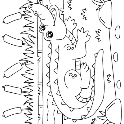Desenho de Jacaré Bebê Feliz no Pântano para Colorir
