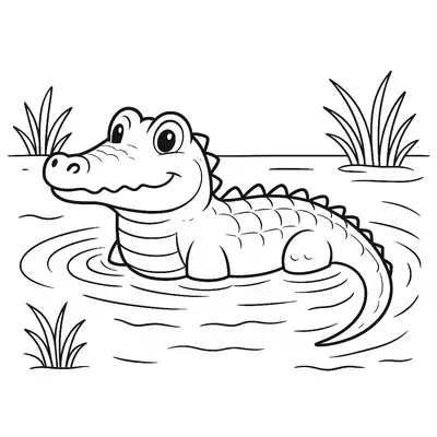 Desenho simples em preto e branco de um jacaré (ou crocodilo) com aparência amigável, flutuando horizontalmente na superfície da água, em um ambiente de pântano. O animal está sorrindo, e a água ao seu redor é detalhada com círculos de repiques. Há tufos de grama alta (juncos) nas margens.