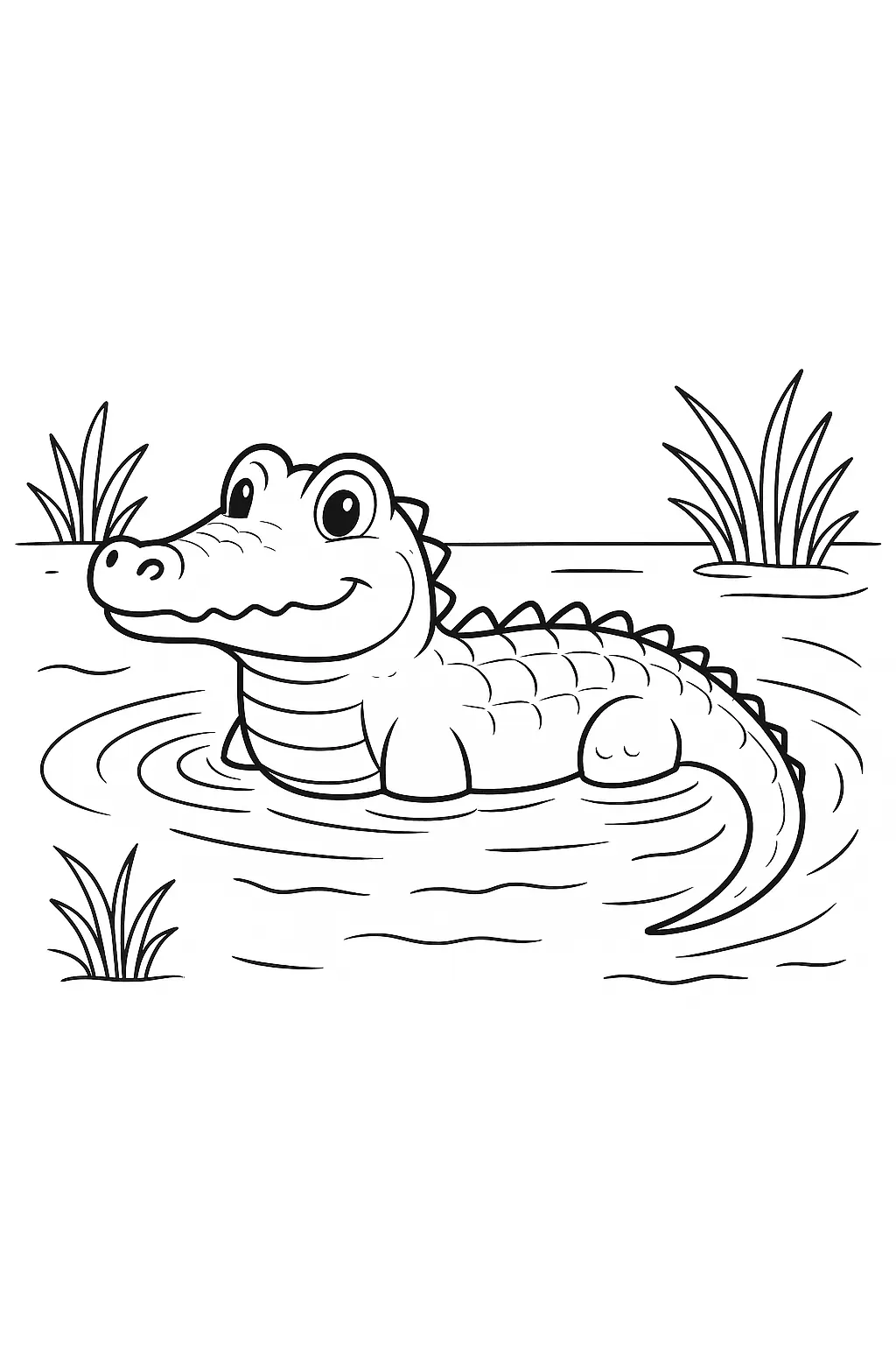 Desenho simples em preto e branco de um jacaré (ou crocodilo) com aparência amigável, flutuando horizontalmente na superfície da água, em um ambiente de pântano. O animal está sorrindo, e a água ao seu redor é detalhada com círculos de repiques. Há tufos de grama alta (juncos) nas margens.