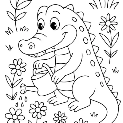 Desenho de contorno de um jacaré (crocodilo) de estilo cartoon, alegre, em pé no meio de um jardim, segurando um regador e regando as flores. O jacaré sorri enquanto a água cai.