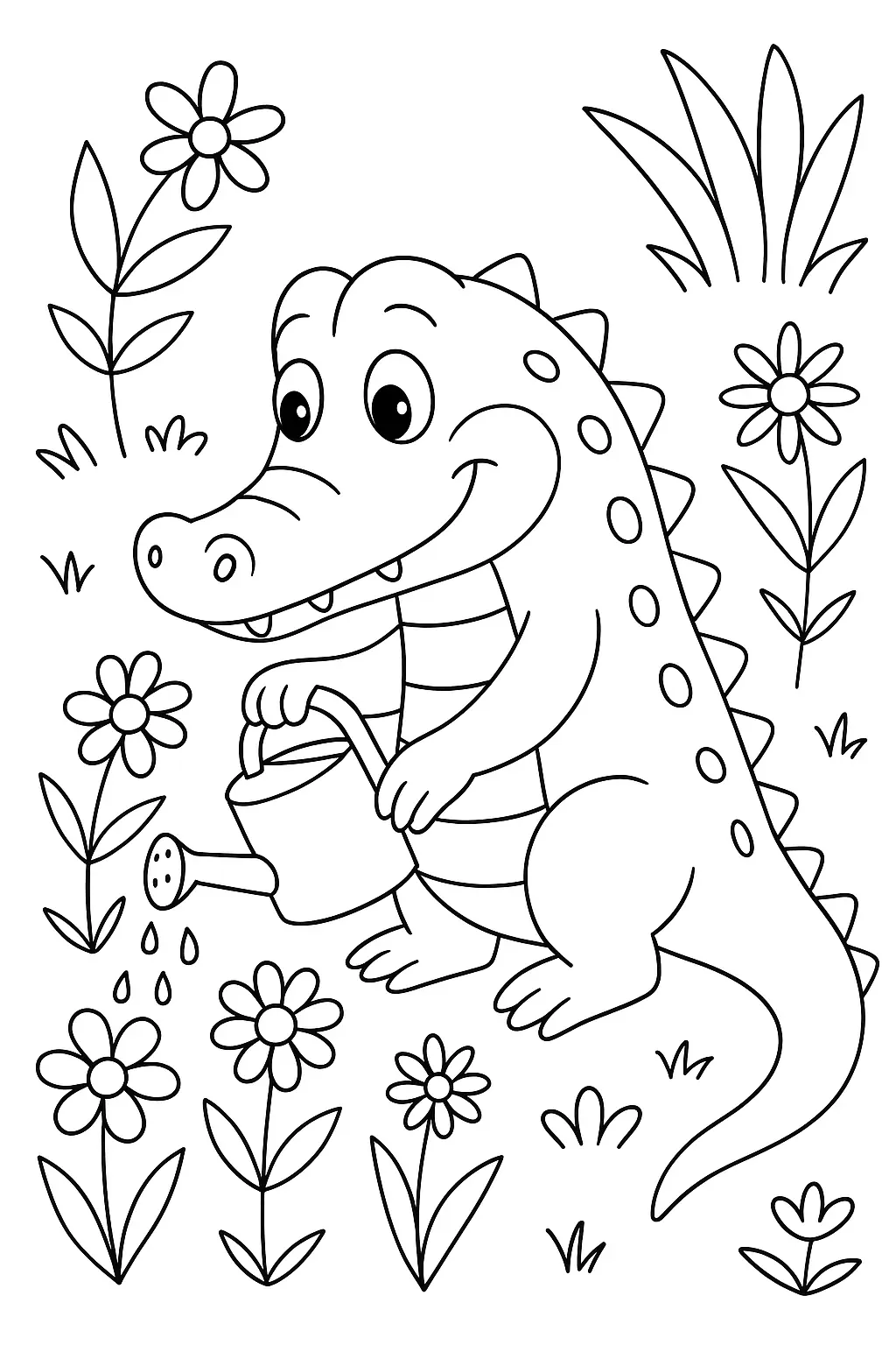 Desenho de contorno de um jacaré (crocodilo) de estilo cartoon, alegre, em pé no meio de um jardim, segurando um regador e regando as flores. O jacaré sorri enquanto a água cai.