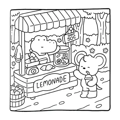 Desenho de contorno em estilo cartoon de um jacaré fofo (ou crocodilo) vendendo limonada em uma barraca de toldo listrado para um ursinhorato que está bebendo. O preço é 50 centavos. A cena se passa em uma floresta.
