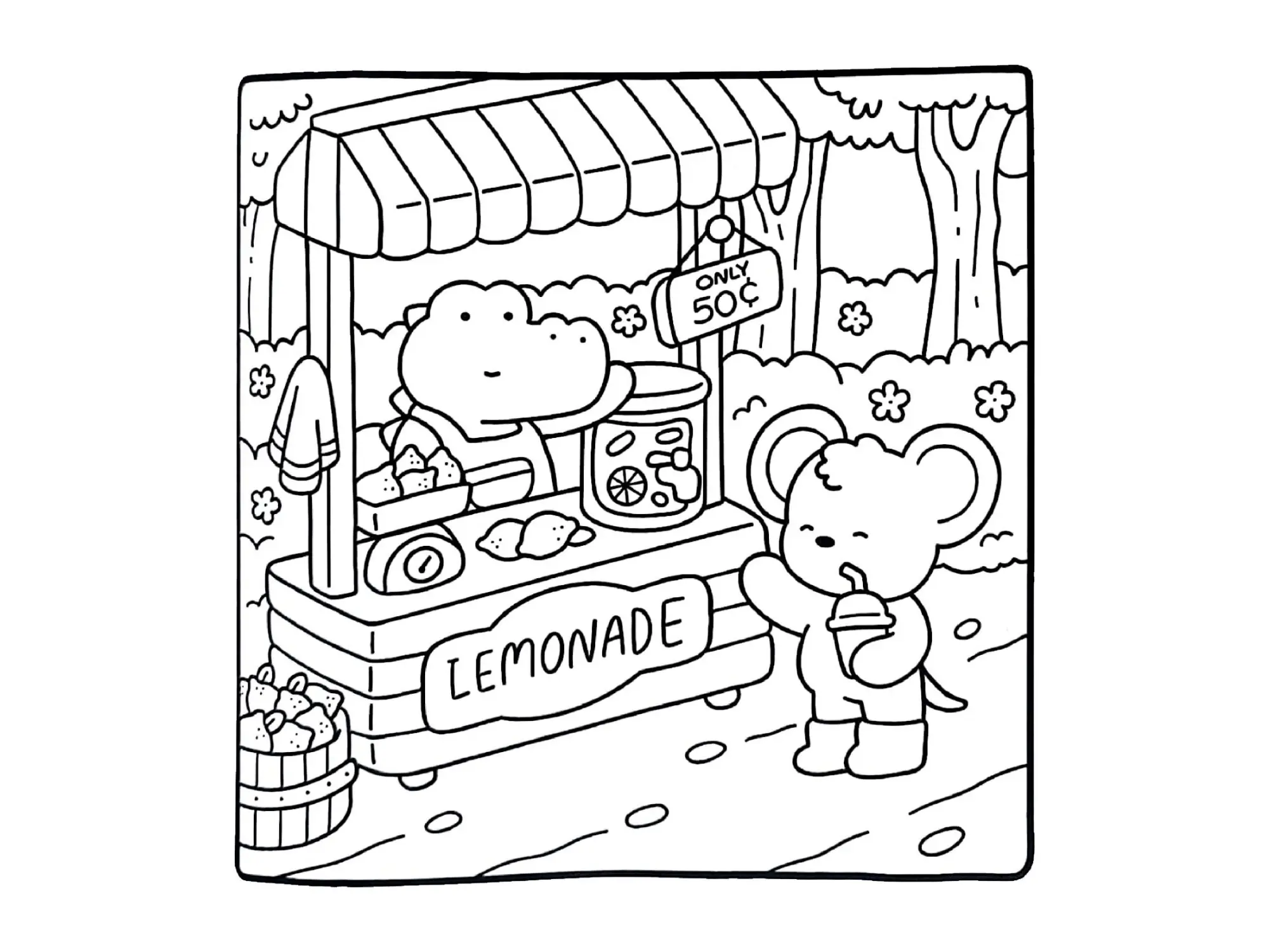Desenho de contorno em estilo cartoon de um jacaré fofo (ou crocodilo) vendendo limonada em uma barraca de toldo listrado para um ursinhorato que está bebendo. O preço é 50 centavos. A cena se passa em uma floresta.