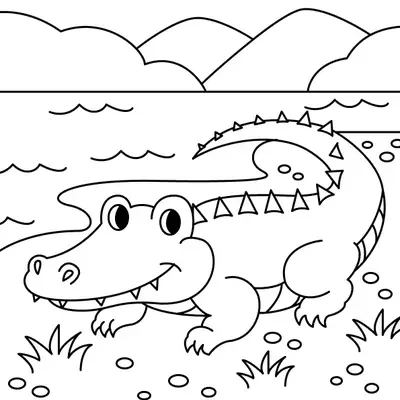 Desenho de contorno em estilo cartoon de um jacaré ou crocodilo sorridente, deitado na margem gramada de um rio. O jacaré tem a cauda e parte do corpo na água, com dentes visíveis. O fundo mostra a água ondulada e colinasmontanhas em um cenário natural.