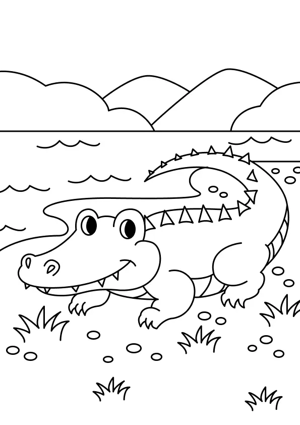Desenho de contorno em estilo cartoon de um jacaré ou crocodilo sorridente, deitado na margem gramada de um rio. O jacaré tem a cauda e parte do corpo na água, com dentes visíveis. O fundo mostra a água ondulada e colinasmontanhas em um cenário natural.