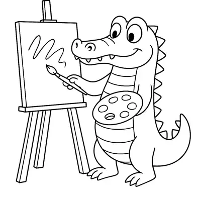 Desenho de contorno de um jacaré (crocodilo) de estilo cartoon, em pé, sorrindo, segurando um pincel com uma pata e uma paleta de pintura com a outra. Ele está pintando ativamente uma tela em um cavalete de madeira.