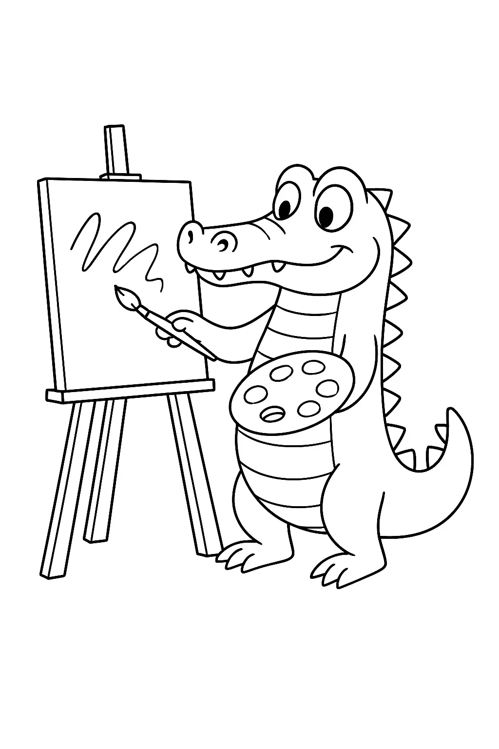 Desenho de contorno de um jacaré (crocodilo) de estilo cartoon, em pé, sorrindo, segurando um pincel com uma pata e uma paleta de pintura com a outra. Ele está pintando ativamente uma tela em um cavalete de madeira.