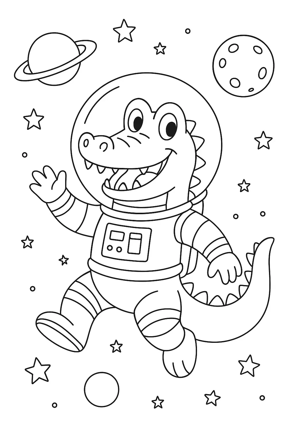 Desenho de contorno de um jacaré (crocodilo) em estilo cartoon flutuando no espaço, usando um traje espacial completo com capacete transparente. Ele acena com uma pata, e o fundo inclui um planeta com anéis, uma lua e estrelas.