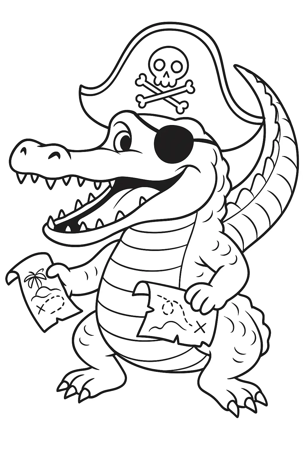 Desenho de contorno de um jacaré (crocodilo) em estilo cartoon, em pé, vestido como pirata. Ele usa um chapéu tricorn com caveira e ossos cruzados, um tapa-olho preto e segura dois mapas de tesouro enrolados em suas patas.