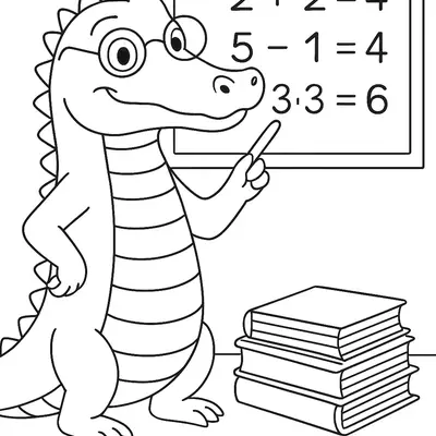 Desenho de contorno de um jacaré professor, usando óculos redondos, em frente a uma lousa. Ele aponta com um gizponteiro para equações de matemática simples (2+2=4, 5-1=4, 3+3=6). Há uma pilha de livros didáticos ao lado.