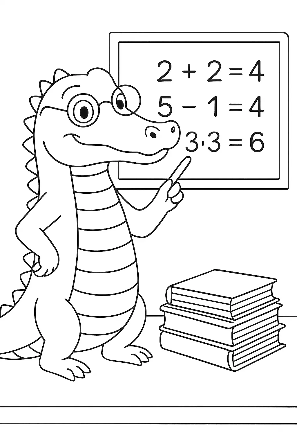 Desenho de contorno de um jacaré professor, usando óculos redondos, em frente a uma lousa. Ele aponta com um gizponteiro para equações de matemática simples (2+2=4, 5-1=4, 3+3=6). Há uma pilha de livros didáticos ao lado.