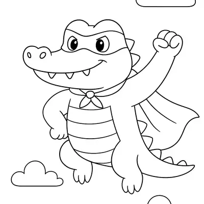 Desenho de contorno de um jacaré (crocodilo) em estilo cartoon, voando no céu. Ele está vestido como super-herói, usando uma máscara de olhos, uma capa esvoaçante amarrada no pescoço e levanta um punho no ar. O fundo é o céu com várias nuvens.