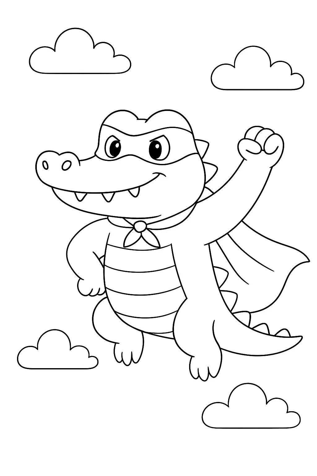 Desenho de contorno de um jacaré (crocodilo) em estilo cartoon, voando no céu. Ele está vestido como super-herói, usando uma máscara de olhos, uma capa esvoaçante amarrada no pescoço e levanta um punho no ar. O fundo é o céu com várias nuvens.