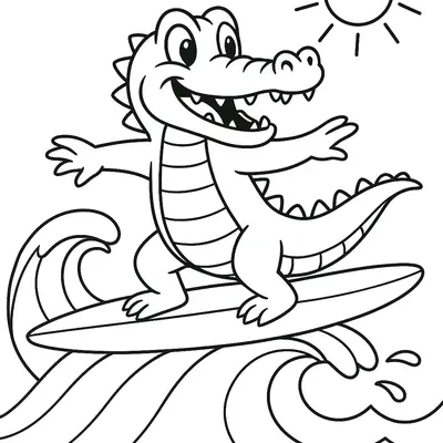 Desenho de Jacaré Surfista Feliz Pegando Ondas no Mar