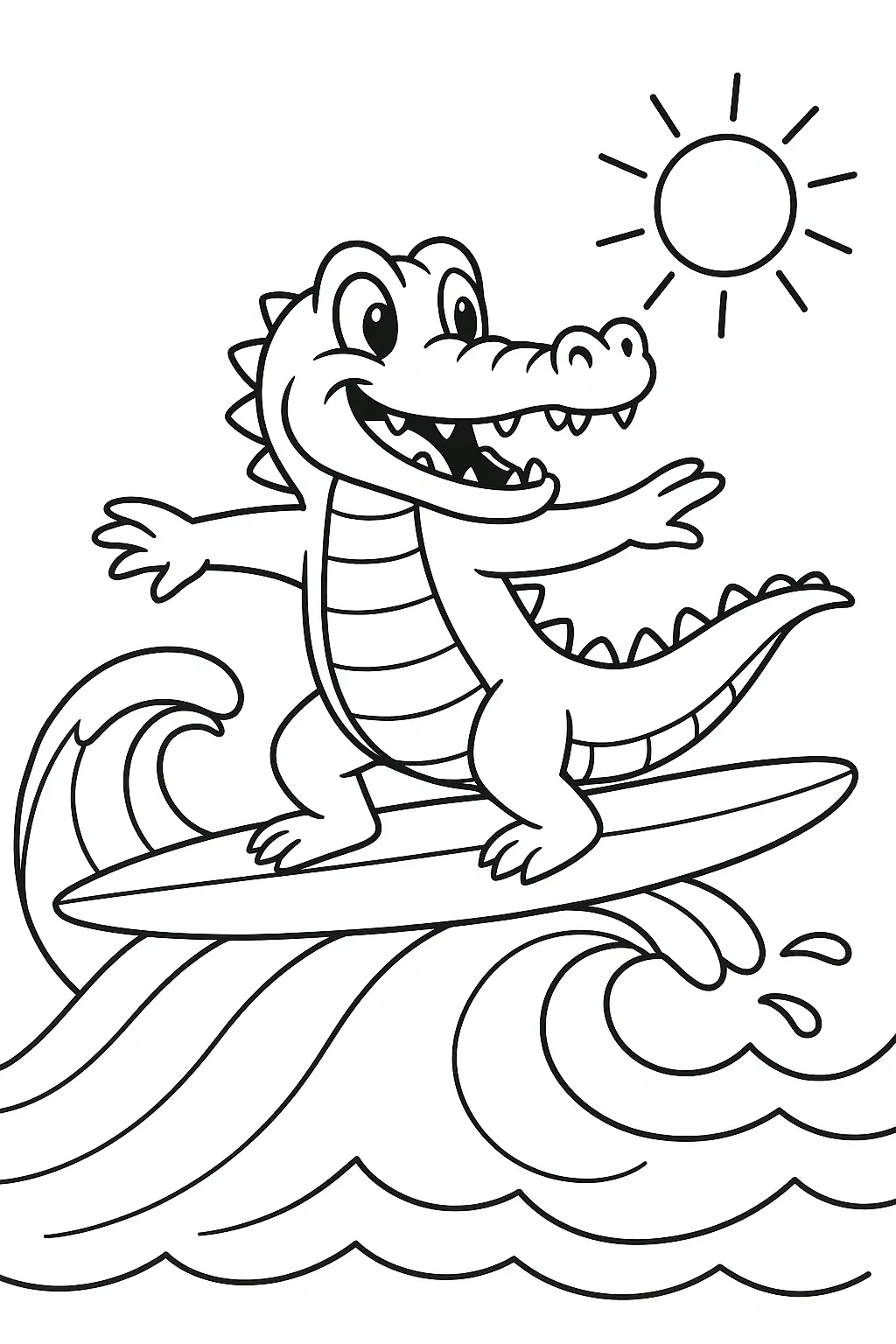 Desenho de contorno em estilo cartoon de um jacaré sorrindo, equilibrando-se em uma prancha de surf. Ele está pegando uma onda alta no oceano sob um sol brilhante e radiante.