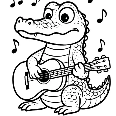 Desenho de contorno em estilo cartoon de um jacaré (crocodilo) baixinho e fofo, sentado e tocando um violão de seis cordas. Ele tem uma expressão séria e concentrada, e várias notas musicais flutuam ao seu redor.