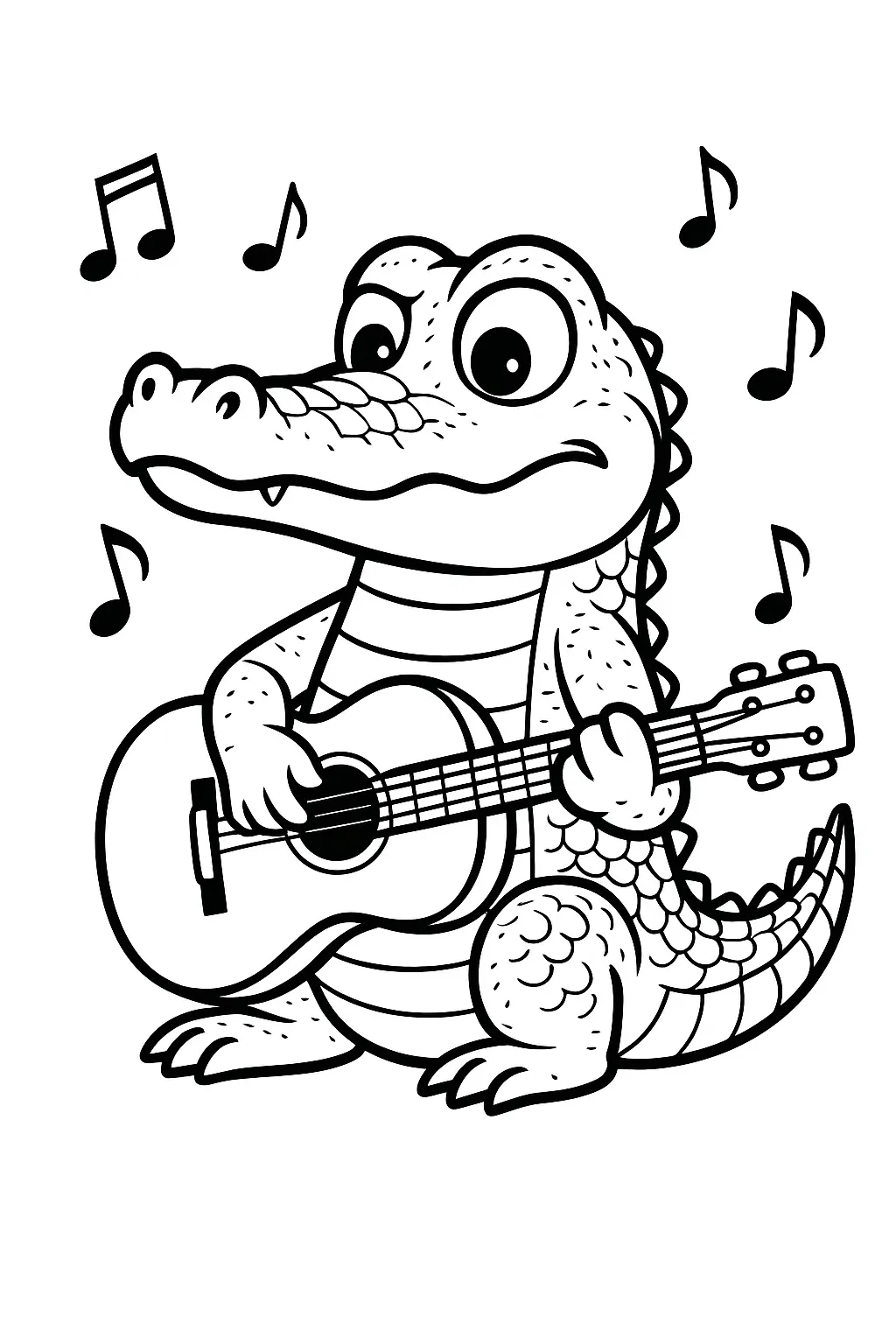 Desenho de contorno em estilo cartoon de um jacaré (crocodilo) baixinho e fofo, sentado e tocando um violão de seis cordas. Ele tem uma expressão séria e concentrada, e várias notas musicais flutuam ao seu redor.