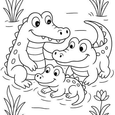 Desenho de contorno de três jacarés (um grande e dois menores) de estilo cartoon, sentados na água rasa de um pântano. Eles estão sorrindo, com olhos grandes e escamas arredondadas. O cenário inclui juncos e uma flor aquática.