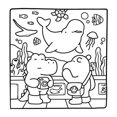Desenho de contorno em estilo cartoon infantil de um jacaré usando botas e segurando uma câmera fotográfica, ao lado de um hipopótamo com uma bolsa a tiracolo com desenho de concha. Eles estão em frente a um grande aquário com uma baleia, tartaruga, peixes tropicais, raia e água-viva.