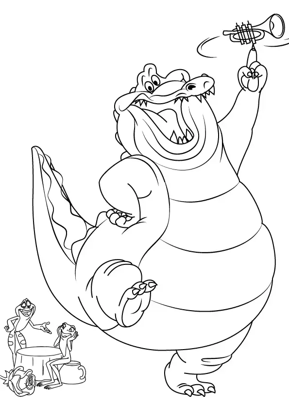 Desenho de contorno em estilo cartoon de um jacaré grande e gordo, o personagem Louis do filme da Disney A Princesa e o Sapo. Ele está dançando alegremente, rodando um trompete fino no dedo. No canto inferior esquerdo, dois sapos (Naveen e Tiana) estão sentados em uma mesa de café com uma rosa ao lado.
