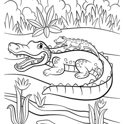 Desenho de contorno em preto e branco de um jacaré adulto de boca aberta com um filhote nas suas costas, ambos em águas rasas, com folhas e arbustos ao fundo.