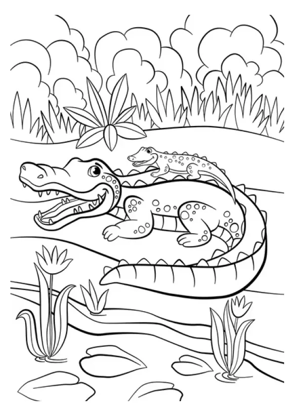 Desenho de contorno em preto e branco de um jacaré adulto de boca aberta com um filhote nas suas costas, ambos em águas rasas, com folhas e arbustos ao fundo.
