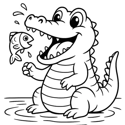 Desenho de contorno de um jacaré de estilo cartoon, gordo e sorridente, sentado na água rasa (representada por linhas onduladas). Ele está com a boca aberta, mostrando a língua e os dentes. Um peixe pequeno salta em direção à boca, com gotas de água voando ao redor.