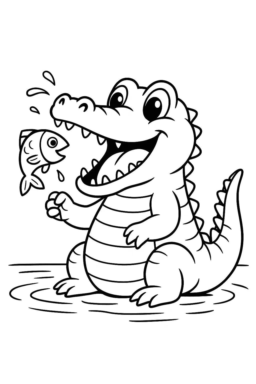 Desenho de contorno de um jacaré de estilo cartoon, gordo e sorridente, sentado na água rasa (representada por linhas onduladas). Ele está com a boca aberta, mostrando a língua e os dentes. Um peixe pequeno salta em direção à boca, com gotas de água voando ao redor.